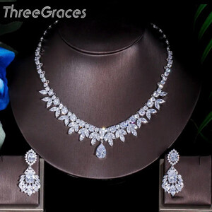 Threegrches أعلى جودة الأمريكية الزفاف اكسسوارات تشيكوسلوفاكيا حجر الزفاف زي قلادة وأقراط مجموعات مجوهرات للعرائس JS003